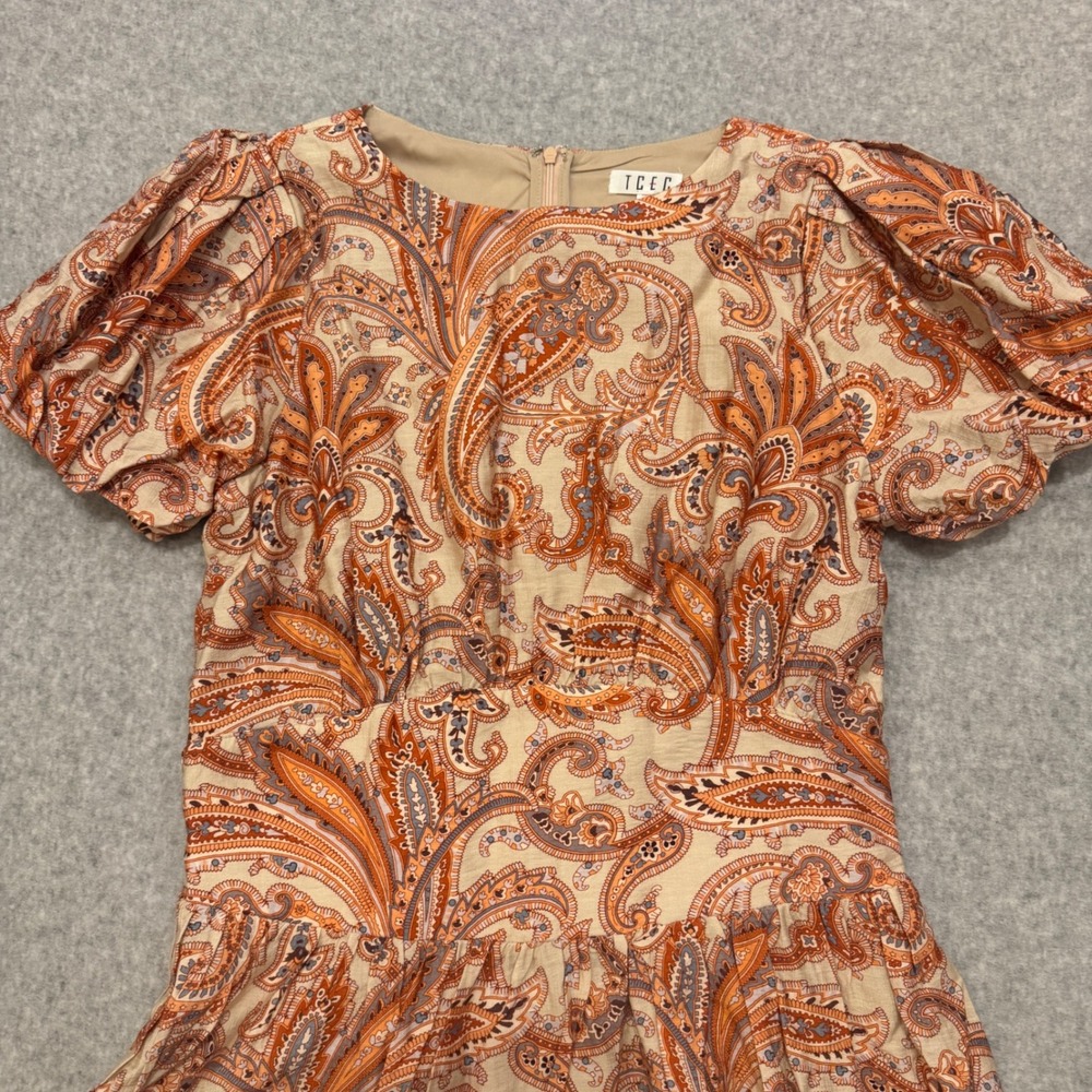 NEW TCEC Avara Coley Dress Paisley Puff Sleeve Mini Pom Pom Trim Womens L - Picture 2 of 13